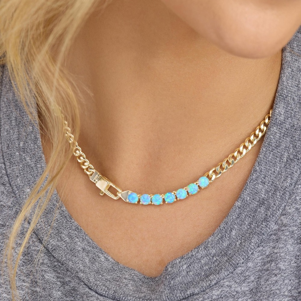 Elegant Gold and Simulated Opal Necklace - Picture 2 of 10